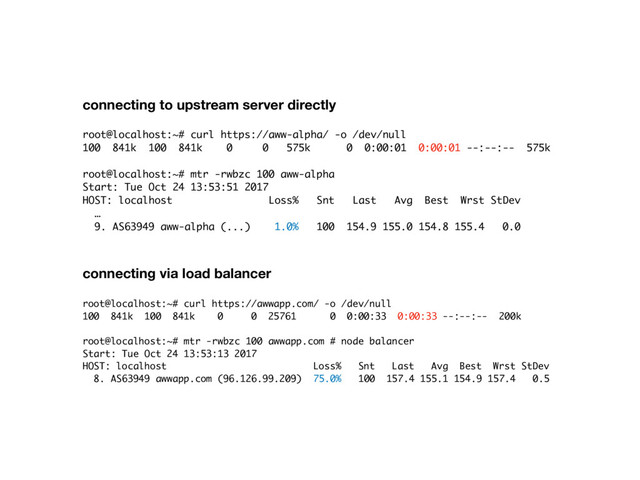 connecting to upstream server directly
 
root@localhost:~# curl https://aww-alpha/ -o /dev/null
100 841k 100 841k 0 0 575k 0 0:00:01 0:00:01 --:--:-- 575k
root@localhost:~# mtr -rwbzc 100 aww-alpha
Start: Tue Oct 24 13:53:51 2017
HOST: localhost Loss% Snt Last Avg Best Wrst StDev
…
9. AS63949 aww-alpha (...) 1.0% 100 154.9 155.0 154.8 155.4 0.0
connecting via load balancer
root@localhost:~# curl https://awwapp.com/ -o /dev/null
100 841k 100 841k 0 0 25761 0 0:00:33 0:00:33 --:--:-- 200k
root@localhost:~# mtr -rwbzc 100 awwapp.com # node balancer
Start: Tue Oct 24 13:53:13 2017
HOST: localhost Loss% Snt Last Avg Best Wrst StDev
8. AS63949 awwapp.com (96.126.99.209) 75.0% 100 157.4 155.1 154.9 157.4 0.5
