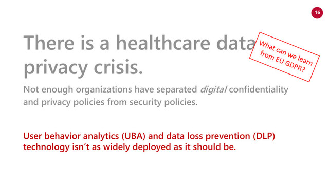 www.netspective.com
© 2017 Netspective. All Rights Reserved.
16
There is a healthcare data
privacy crisis.
Not enough organizations have separated digital confidentiality
and privacy policies from security policies.
User behavior analytics (UBA) and data loss prevention (DLP)
technology isn’t as widely deployed as it should be.
