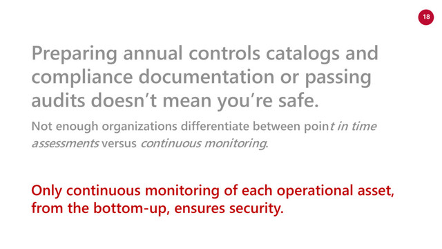 www.netspective.com
© 2017 Netspective. All Rights Reserved.
18
Preparing annual controls catalogs and
compliance documentation or passing
audits doesn’t mean you’re safe.
Not enough organizations differentiate between point in time
assessments versus continuous monitoring.
Only continuous monitoring of each operational asset,
from the bottom-up, ensures security.
