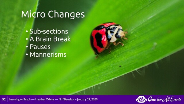 Learning to Teach — Heather White — PHPBenelux – January 24, 2020
52
Micro Changes
• Sub-sections
• A Brain Break
• Pauses
• Mannerisms
