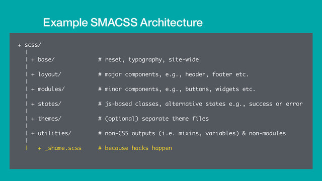 Example SMACSS Architecture
+ scss/
|
| + base/ # reset, typography, site-wide
|
| + layout/ # major components, e.g., header, footer etc.
|
| + modules/ # minor components, e.g., buttons, widgets etc.
|
| + states/ # js-based classes, alternative states e.g., success or error
|
| + themes/ # (optional) separate theme files
|
| + utilities/ # non-CSS outputs (i.e. mixins, variables) & non-modules
|
| + _shame.scss # because hacks happen

