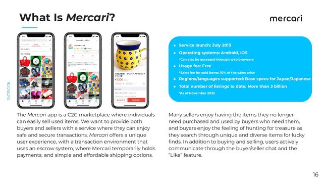 　　
What Is Mercari?
● Service launch: July 2013
● Operating systems: Android, iOS
*Can also be accessed through web browsers
● Usage fee: Free
*Sales fee for sold items: 10% of the sales price
● Regions/languages supported: Base specs for Japan/Japanese
● Total number of listings to date: More than 3 billion
*As of November 2022
Many sellers enjoy having the items they no longer
need purchased and used by buyers who need them,
and buyers enjoy the feeling of hunting for treasure as
they search through unique and diverse items for lucky
ﬁnds. In addition to buying and selling, users actively
communicate through the buyer/seller chat and the
“Like” feature.
The Mercari app is a C2C marketplace where individuals
can easily sell used items. We want to provide both
buyers and sellers with a service where they can enjoy
safe and secure transactions. Mercari offers a unique
user experience, with a transaction environment that
uses an escrow system, where Mercari temporarily holds
payments, and simple and affordable shipping options.
16
