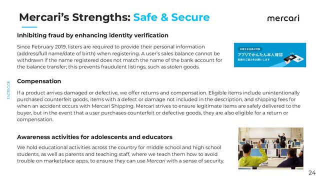 　　
Mercari’s Strengths: Safe & Secure
Inhibiting fraud by enhancing identity veriﬁcation
Since February 2019, listers are required to provide their personal information
(address/full name/date of birth) when registering. A user’s sales balance cannot be
withdrawn if the name registered does not match the name of the bank account for
the balance transfer; this prevents fraudulent listings, such as stolen goods.
Compensation
If a product arrives damaged or defective, we offer returns and compensation. Eligible items include unintentionally
purchased counterfeit goods, items with a defect or damage not included in the description, and shipping fees for
when an accident occurs with Mercari Shipping. Mercari strives to ensure legitimate items are safely delivered to the
buyer, but in the event that a user purchases counterfeit or defective goods, they are also eligible for a return or
compensation.
Awareness activities for adolescents and educators
We hold educational activities across the country for middle school and high school
students, as well as parents and teaching staff, where we teach them how to avoid
trouble on marketplace apps, to ensure they can use Mercari with a sense of security.
24

