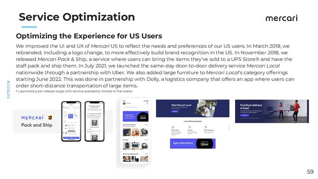 　　
Service Optimization
59
Optimizing the Experience for US Users
We improved the UI and UX of Mercari US to reﬂect the needs and preferences of our US users. In March 2018, we
rebranded, including a logo change, to more effectively build brand recognition in the US. In November 2018, we
released Mercari Pack & Ship, a service where users can bring the items they’ve sold to a UPS Store® and have the
staff pack and ship them. In July 2021, we launched the same-day door-to-door delivery service Mercari Local
nationwide through a partnership with Uber. We also added large furniture to Mercari Local's category offerings
starting June 2022. This was done in partnership with Dolly, a logistics company that offers an app where users can
order short-distance transportation of large items.1
1. Launched a pre-release stage with service availability limited to ﬁve states
