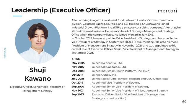 　　
69
Leadership (Executive Ofﬁcer)
After working in a joint investment fund between Livedoor's investment bank
division, Goldman Sachs Securities, and SBI Holdings, Shuji Kawano joined
Industrial Growth Platform, Inc. (IGPI), a strategy consulting company. After that, he
started his own business. He was also head of Gunosy’s Management Strategy
Ofﬁce when the company listed. He joined Mercari in July 2018.
In October 2019, he was appointed Vice President of Strategy, and became Senior
Vice President of Strategy in September 2020. He assumed the role of Senior Vice
President of Management Strategy in November 2021, and was appointed to his
current role of Executive Ofﬁcer, Senior Vice President of Management Strategy in
September 2023.
Shuji
Kawano
Proﬁle
May 2005
Nov 2007
Dec 2008
Oct 2014
July 2018
Oct 2019
Sep 2020
Nov 2021
Sep 2023
Joined livedoor Co., Ltd.
Joined SBI Capital Co., Ltd.
Joined Industrial Growth Platform, Inc. (IGPI)
Joined Gunosy Inc.
Joined Mercari, Inc. as Vice President and CEO Ofﬁce Head
Appointed Vice President of Strategy
Appointed Senior Vice President of Strategy
Appointed Senior Vice President of Management Strategy
Executive Ofﬁcer, Senior Vice President of Management
Strategy (current position)
Executive Ofﬁcer, Senior Vice President of
Management Strategy
