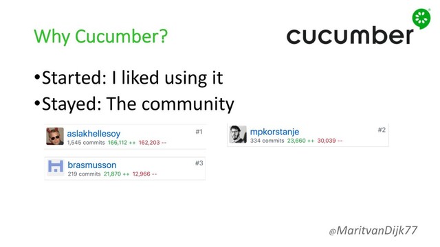 Why Cucumber?
•Started: I liked using it
•Stayed: The community
@MaritvanDijk77
