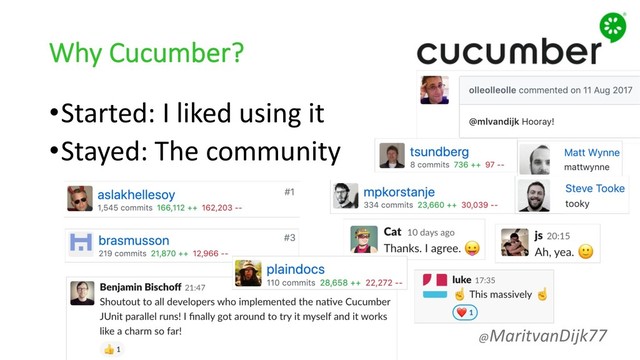 Why Cucumber?
•Started: I liked using it
•Stayed: The community
@MaritvanDijk77
