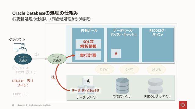 Oracle Databaseの処理の仕組み
Copyright © 2023, Oracle and/or its affiliates
28
Ⓑ更新処理の仕組み（問合せ処理からの継続）
DBWn
クライアント
ユーザー
プロセス
共有プール データベース・
バッファ・キャッシュ
REDOログ・
バッファ
制御ファイル
データ・ファイル REDOログ・ファイル
LGWR
CKPT
SQL文
解析情報
実行計画
データ・ディクショナリ
②
A
A
SELECT A
FROM 表１;
UPDATE 表１
A⇒B；
COMMIT；
①
サーバー
プロセス

