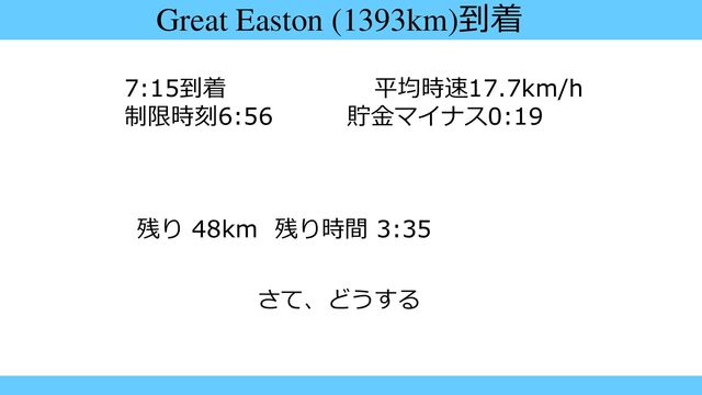 Great Easton (1393km)到着
7:15到着 平均時速17.7km/h
制限時刻6:56 貯金マイナス0:19
残り 48km 残り時間 3:35
さて、どうする
