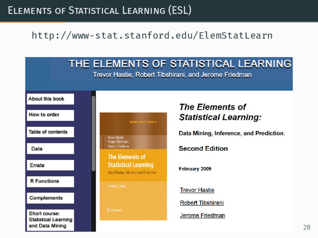 Elements of Statistical Learning (ESL)
http://www-stat.stanford.edu/ElemStatLearn
28
