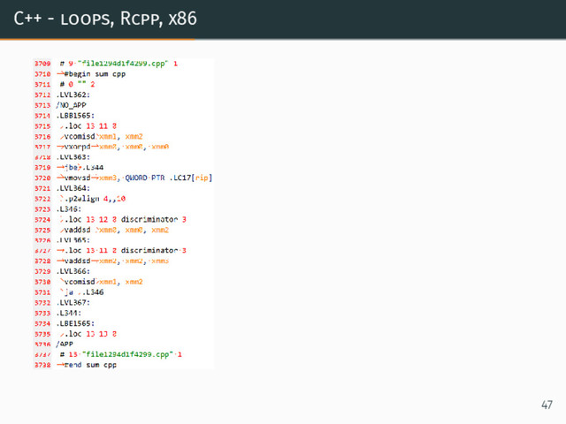 C++ - loops, Rcpp, x86
47
