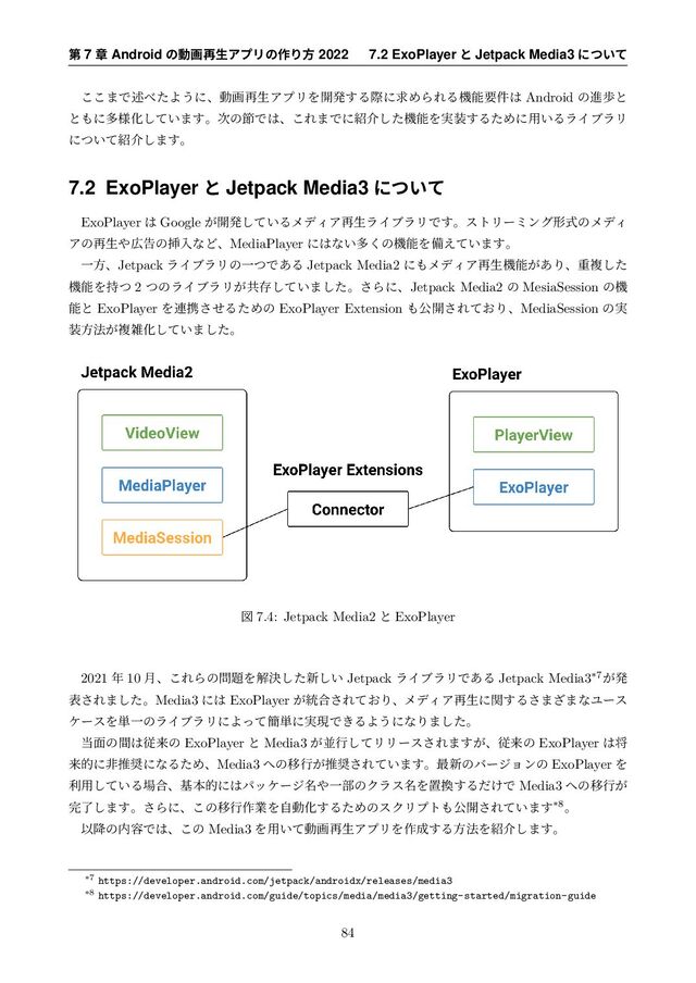 ୈ 7 ষ Android ͷಈը࠶ੜΞϓϦͷ࡞Γํ 2022 7.2 ExoPlayer ͱ Jetpack Media3 ʹ͍ͭͯ
͜͜·Ͱड़΂ͨΑ͏ʹɺಈը࠶ੜΞϓϦΛ։ൃ͢ΔࡍʹٻΊΒΕΔػೳཁ݅͸ Android ͷਐาͱ
ͱ΋ʹଟ༷Խ͍ͯ͠·͢ɻ࣍ͷઅͰ͸ɺ͜Ε·Ͱʹ঺հͨ͠ػೳΛ࣮૷͢ΔͨΊʹ༻͍ΔϥΠϒϥϦ
ʹ͍ͭͯ঺հ͠·͢ɻ
7.2 ExoPlayer ͱ Jetpack Media3 ʹ͍ͭͯ
ExoPlayer ͸ Google ͕։ൃ͍ͯ͠ΔϝσΟΞ࠶ੜϥΠϒϥϦͰ͢ɻετϦʔϛϯάܗࣜͷϝσΟ
Ξͷ࠶ੜ΍޿ࠂͷૠೖͳͲɺMediaPlayer ʹ͸ͳ͍ଟ͘ͷػೳΛඋ͍͑ͯ·͢ɻ
ҰํɺJetpack ϥΠϒϥϦͷҰͭͰ͋Δ Jetpack Media2 ʹ΋ϝσΟΞ࠶ੜػೳ͕͋Γɺॏෳͨ͠
ػೳΛ࣋ͭ 2 ͭͷϥΠϒϥϦ͕ڞଘ͍ͯ͠·ͨ͠ɻ͞ΒʹɺJetpack Media2 ͷ MesiaSession ͷػ
ೳͱ ExoPlayer Λ࿈ܞͤ͞ΔͨΊͷ ExoPlayer Extension ΋ެ։͞Ε͓ͯΓɺMediaSession ͷ࣮
૷ํ๏͕ෳࡶԽ͍ͯ͠·ͨ͠ɻ
ਤ 7.4: Jetpack Media2 ͱ ExoPlayer
2021 ೥ 10 ݄ɺ͜ΕΒͷ໰୊Λղܾͨ͠৽͍͠ Jetpack ϥΠϒϥϦͰ͋Δ Jetpack Media3*7͕ൃ
ද͞Ε·ͨ͠ɻMedia3 ʹ͸ ExoPlayer ͕౷߹͞Ε͓ͯΓɺϝσΟΞ࠶ੜʹؔ͢Δ͞·͟·ͳϢʔε
έʔεΛ୯ҰͷϥΠϒϥϦʹΑͬͯ؆୯ʹ࣮ݱͰ͖ΔΑ͏ʹͳΓ·ͨ͠ɻ
౰໘ͷؒ͸ैདྷͷ ExoPlayer ͱ Media3 ͕ฒߦͯ͠ϦϦʔε͞Ε·͕͢ɺैདྷͷ ExoPlayer ͸ক
དྷతʹඇਪ঑ʹͳΔͨΊɺMedia3 ΁ͷҠߦ͕ਪ঑͞Ε͍ͯ·͢ɻ࠷৽ͷόʔδϣϯͷ ExoPlayer Λ
ར༻͍ͯ͠Δ৔߹ɺجຊతʹ͸ύοέʔδ໊΍Ұ෦ͷΫϥε໊Λஔ׵͢Δ͚ͩͰ Media3 ΁ͷҠߦ͕
׬ྃ͠·͢ɻ͞Βʹɺ͜ͷҠߦ࡞ۀΛࣗಈԽ͢ΔͨΊͷεΫϦϓτ΋ެ։͞Ε͍ͯ·͢*8ɻ
Ҏ߱ͷ಺༰Ͱ͸ɺ͜ͷ Media3 Λ༻͍ͯಈը࠶ੜΞϓϦΛ࡞੒͢Δํ๏Λ঺հ͠·͢ɻ
*7 https://developer.android.com/jetpack/androidx/releases/media3
*8 https://developer.android.com/guide/topics/media/media3/getting-started/migration-guide
84
