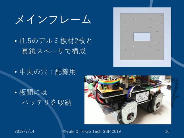 メインフレーム
• t1.5のアルミ板材2枚と
真鍮スペーサで構成
• 中央の穴：配線用
• 板間には
バッテリを収納
2019/7/14 ©yuki & Tokyo Tech SSR 2019 16
