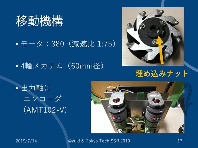 移動機構
• モータ：380（減速比 1:75）
• 4輪メカナム（60mm径）
• 出力軸に
エンコーダ
(AMT102-V)
2019/7/14 ©yuki & Tokyo Tech SSR 2019 17
埋め込みナット
