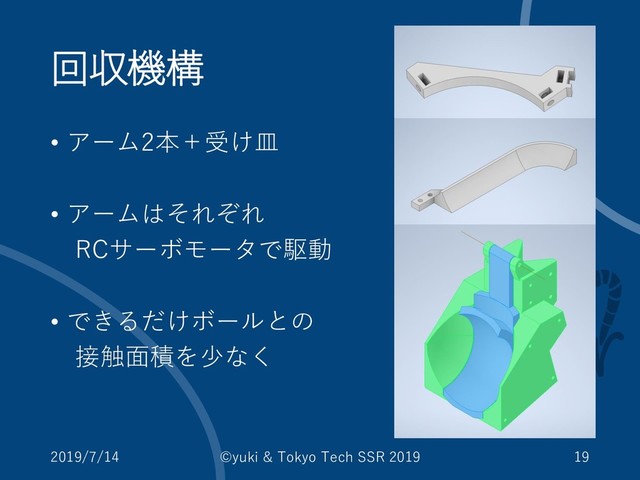 回収機構
• アーム2本＋受け皿
• アームはそれぞれ
RCサーボモータで駆動
• できるだけボールとの
接触面積を少なく
2019/7/14 ©yuki & Tokyo Tech SSR 2019 19
