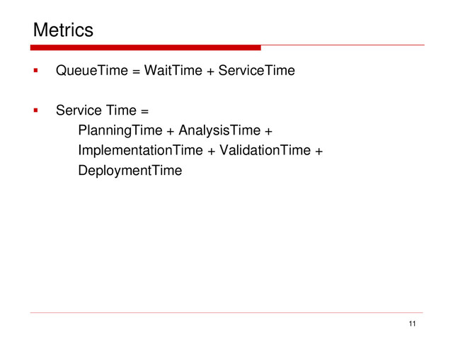Metrics
 QueueTime = WaitTime + ServiceTime
 Service Time =
PlanningTime + AnalysisTime +
ImplementationTime + ValidationTime +
DeploymentTime
11
