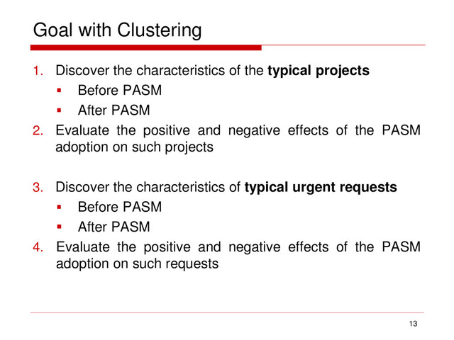 Goal with Clustering
1. Discover the characteristics of the typical projects
 Before PASM
 After PASM
2. Evaluate the positive and negative effects of the PASM
adoption on such projects
3. Discover the characteristics of typical urgent requests
 Before PASM
 After PASM
4. Evaluate the positive and negative effects of the PASM
adoption on such requests
13
