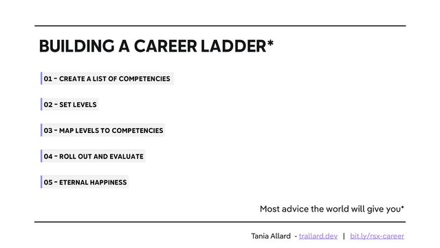 BUILDING A CAREER LADDER*
01 - CREATE A LIST OF COMPETENCIES
02 - SET LEVELS
03 - MAP LEVELS TO COMPETENCIES
04 - ROLL OUT AND EVALUATE
05 - ETERNAL HAPPINESS
Most advice the world will give you*
Tania Allard - trallard.dev | bit.ly/rsx-career
