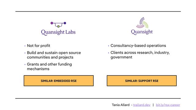 • Not for profit


• Build and sustain open source
communities and projects


• Grants and other funding
mechanisms
• Consultancy-based operations


• Clients across research, industry,
government
SIMILAR: EMBEDDED RSE SIMILAR: SUPPORT RSE
Tania Allard - trallard.dev | bit.ly/rsx-career

