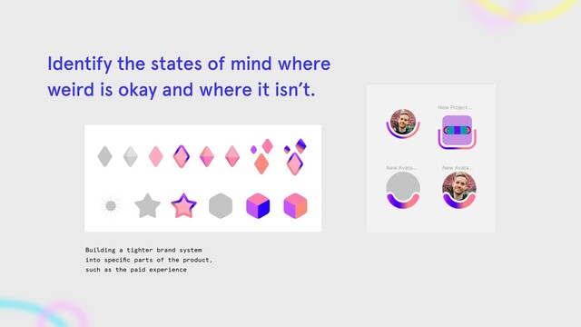 Building a tighter brand system
into speciﬁc parts of the product,
such as the paid experience
Identify the states of mind where
weird is okay and where it isn’t.

