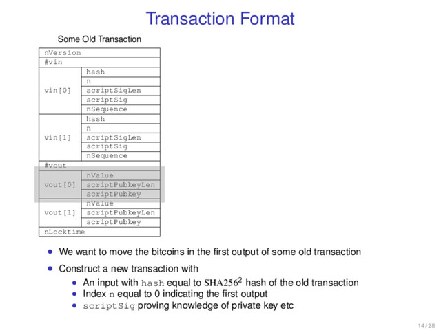 Transaction Format
Some Old Transaction
nVersion
#vin
vin[0]
hash
n
scriptSigLen
scriptSig
nSequence
vin[1]
hash
n
scriptSigLen
scriptSig
nSequence
#vout
vout[0]
nValue
scriptPubkeyLen
scriptPubkey
vout[1]
nValue
scriptPubkeyLen
scriptPubkey
nLocktime
• We want to move the bitcoins in the ﬁrst output of some old transaction
• Construct a new transaction with
• An input with hash equal to SHA2562 hash of the old transaction
• Index n equal to 0 indicating the ﬁrst output
• scriptSig proving knowledge of private key etc
14 / 28
