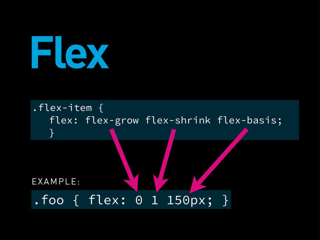 Flex
.foo { flex: 0 1 150px; }
.flex-item {
flex: flex-grow flex-shrink flex-basis;
}
EXAMPLE:
