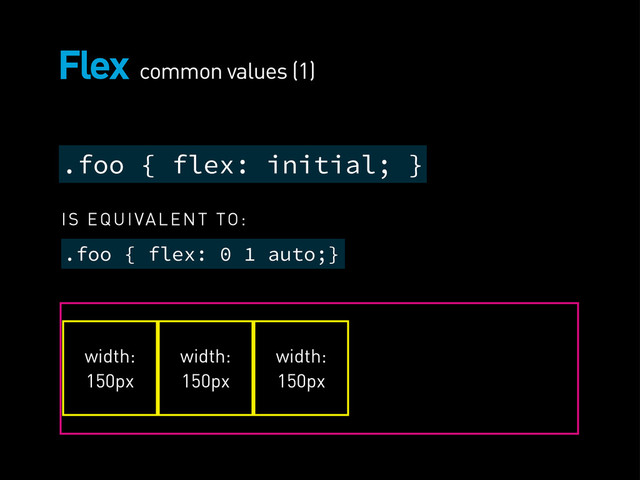 Flex
.foo { flex: initial; }
.foo { flex: 0 1 auto;}
IS EQUIVALENT TO:
common values (1)
width:
150px
width:
150px
width:
150px

