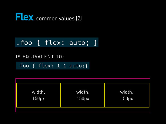 Flex
.foo { flex: auto; }
.foo { flex: 1 1 auto;}
IS EQUIVALENT TO:
common values (2)
width:
150px
width:
150px
width:
150px
