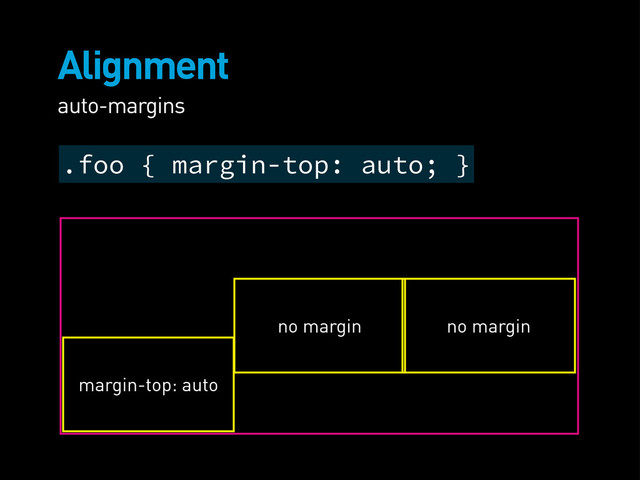 Alignment
auto-margins
margin-top: auto
no margin no margin
.foo { margin-top: auto; }
