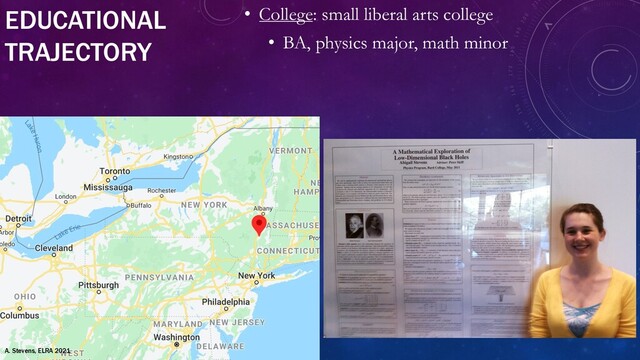 EDUCATIONAL
TRAJECTORY
• College: small liberal arts college
• BA, physics major, math minor
A. Stevens, ELRA 2021
