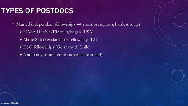 • Named independent fellowships ⟹ most prestigious, hardest to get
ØNASA Hubble/Einstein/Sagan (USA)
ØMarie Skłodowska-Curie fellowship (EU)
ØESO fellowships (Germany & Chile)
Ø(and many more; see resources slide at end)
TYPES OF POSTDOCS
A. Stevens, ELRA 2021
