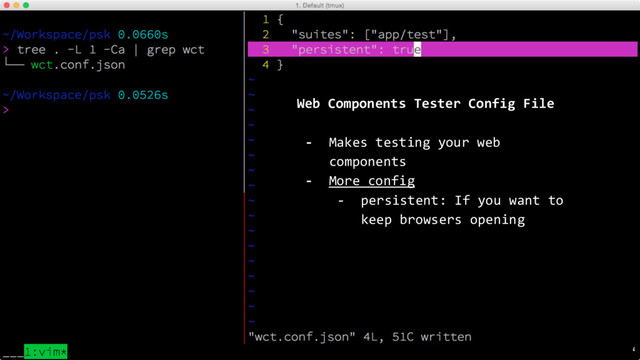 Web Components Tester Config File
- Makes testing your web
components
- More config
- persistent: If you want to
keep browsers opening
