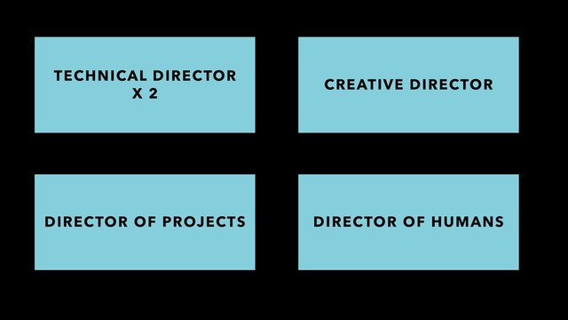 DIRECTOR OF PROJECTS DIRECTOR OF HUMANS
TECHNICAL DIRECTOR
X 2
CREATIVE DIRECTOR
