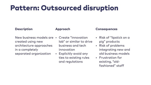Pattern: Outsourced disruption
Description Approach Consequences
New business models are
created using new
architecture approaches
in a completely
separated organization
• Create “innovation
lab” or similar to drive
business and tech
innovation
• Explicitly avoid any
ties to existing rules
and regulations
• Risk of “lipstick on a
pig” products
• Risk of problems
integrating new and
old business models
• Frustration for
existing, “old-
fashioned” staff
