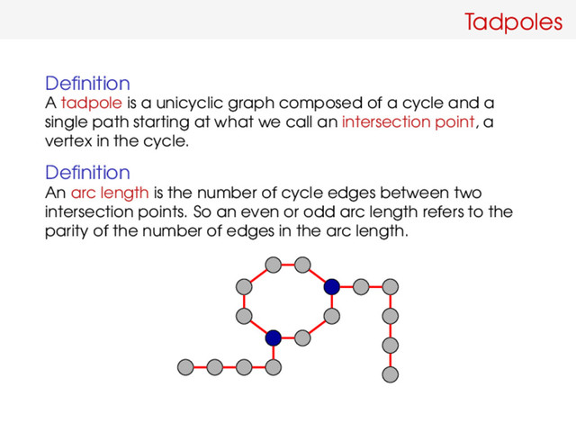 Tadpoles
Deﬁnition
A tadpole is a unicyclic graph composed of a cycle and a
single path starting at what we call an intersection point, a
vertex in the cycle.
Deﬁnition
An arc length is the number of cycle edges between two
intersection points. So an even or odd arc length refers to the
parity of the number of edges in the arc length.
