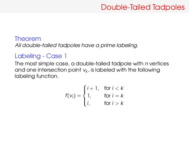 Double-Tailed Tadpoles
Theorem
All double-tailed tadpoles have a prime labeling.
Labeling - Case 1
The most simple case, a double-tailed tadpole with n vertices
and one intersection point vk
, is labeled with the following
labeling function.
f(vi) =





i + 1, for i < k
1, for i = k
i, for i > k
