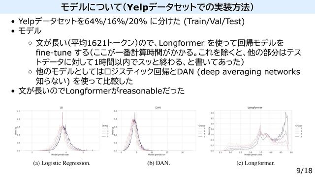 モデルについて（Yelpデータセットでの実装方法）
Yelpデータセットを64%/16%/20% に分けた (Train/Val/Test)
モデル
文が長い（平均1621トークン）ので、Longformer を使って回帰モデルを
fine-tune する（ここが一番計算時間がかかる。これを除くと、他の部分はテス
トデータに対して1時間以内でスッと終わる、と書いてあった）
他のモデルとしてはロジスティック回帰とDAN (deep averaging networks
知らない) を使って比較した
文が長いのでLongformerがreasonableだった
9/18
