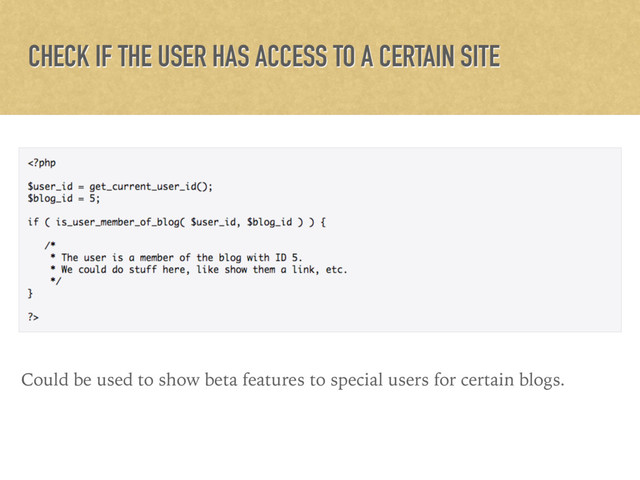 CHECK IF THE USER HAS ACCESS TO A CERTAIN SITE
Could be used to show beta features to special users for certain blogs.
