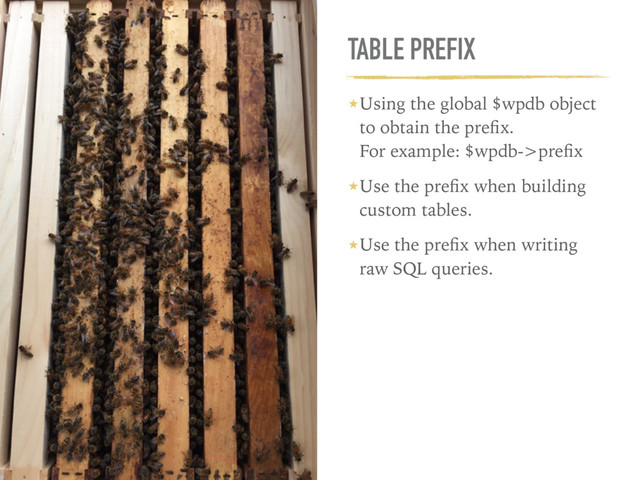 TABLE PREFIX
★Using the global $wpdb object
to obtain the preﬁx. 
For example: $wpdb->preﬁx
★Use the preﬁx when building
custom tables.
★Use the preﬁx when writing
raw SQL queries.
