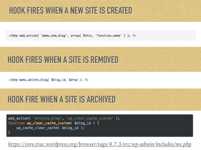 HOOK FIRES WHEN A NEW SITE IS CREATED
HOOK FIRES WHEN A SITE IS REMOVED
HOOK FIRE WHEN A SITE IS ARCHIVED
https://core.trac.wordpress.org/browser/tags/4.7.3/src/wp-admin/includes/ms.php
