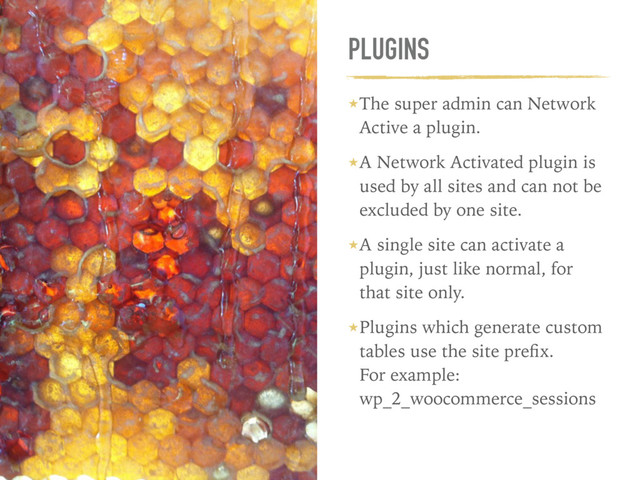 PLUGINS
★The super admin can Network
Active a plugin.
★A Network Activated plugin is
used by all sites and can not be
excluded by one site.
★A single site can activate a
plugin, just like normal, for
that site only.
★Plugins which generate custom
tables use the site preﬁx. 
For example: 
wp_2_woocommerce_sessions
