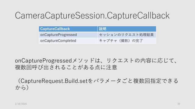 CameraCaptureSession.CaptureCallback
CaptureCallback 説明
onCaptureProgressed セッションのリクエスト処理結果
onCaptureCompleted キャプチャ（撮影）の完了
onCaptureProgressedメソッドは、リクエストの内容に応じて、
複数回呼び出されることがある点に注意
（CaptureRequest.Build.setをパラメータごと複数回指定できる
から）
2/19/2016 33
