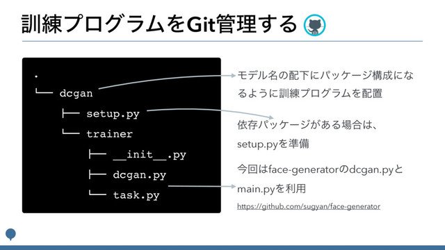 ܇࿅ϓϩάϥϜΛGit؅ཧ͢Δ
.
!"" dcgan
#"" setup.py
!"" trainer
#"" __init__.py
#"" dcgan.py
!"" task.py
Ϟσϧ໊ͷ഑Լʹύοέʔδߏ੒ʹͳ
ΔΑ͏ʹ܇࿅ϓϩάϥϜΛ഑ஔ
ґଘύοέʔδ͕͋Δ৔߹͸ɺ
setup.pyΛ४උ
ࠓճ͸face-generatorͷdcgan.pyͱ
main.pyΛར༻
https://github.com/sugyan/face-generator
