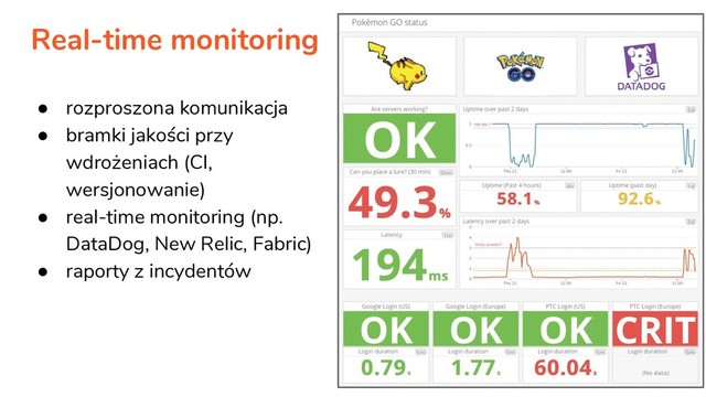 Real-time monitoring
● rozproszona komunikacja
● bramki jakości przy
wdrożeniach (CI,
wersjonowanie)
● real-time monitoring (np.
DataDog, New Relic, Fabric)
● raporty z incydentów
