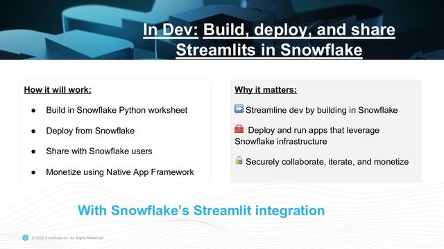 © 2022 Snowflake Inc. All Rights Reserved
BUILD 2022 GLOBALLY
TITLE HERE IN ALL CAPS
In Dev: Build, deploy, and share
Streamlits in Snowflake
With Snowflake’s Streamlit integration
How it will work:
● Build in Snowflake Python worksheet
● Deploy from Snowflake
● Share with Snowflake users
● Monetize using Native App Framework
Why it matters:
⏩ Streamline dev by building in Snowflake
🧰 Deploy and run apps that leverage
Snowflake infrastructure
🔒 Securely collaborate, iterate, and monetize
