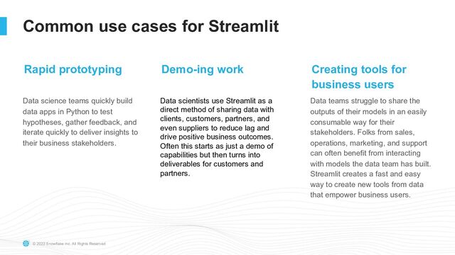 © 2022 Snowflake Inc. All Rights Reserved
Common use cases for Streamlit
Data science teams quickly build
data apps in Python to test
hypotheses, gather feedback, and
iterate quickly to deliver insights to
their business stakeholders.
Rapid prototyping
Data scientists use Streamlit as a
direct method of sharing data with
clients, customers, partners, and
even suppliers to reduce lag and
drive positive business outcomes.
Often this starts as just a demo of
capabilities but then turns into
deliverables for customers and
partners.
Demo-ing work Creating tools for
business users
Data teams struggle to share the
outputs of their models in an easily
consumable way for their
stakeholders. Folks from sales,
operations, marketing, and support
can often benefit from interacting
with models the data team has built.
Streamlit creates a fast and easy
way to create new tools from data
that empower business users.
