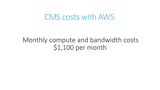 CMS costs with AWS
Monthly compute and bandwidth costs
$1,100 per month
