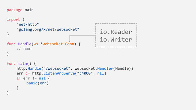 package main
import (
"net/http"
"golang.org/x/net/websocket"
)
func Handle(ws *websocket.Conn) {
// TODO
}
func main() {
http.Handle("/websocket", websocket.Handler(Handle))
err := http.ListenAndServe(":4000", nil)
if err != nil {
panic(err)
}
}
io.Reader
io.Writer
