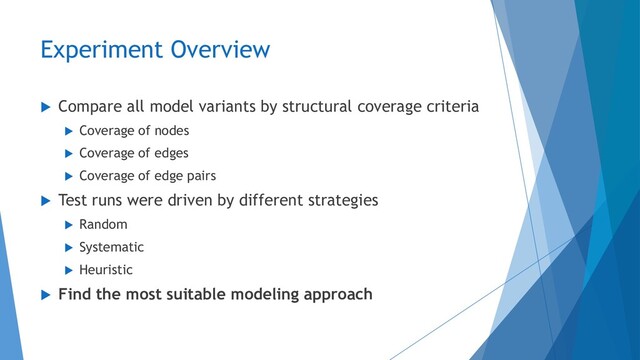 Experiment Overview
 Compare all model variants by structural coverage criteria
 Coverage of nodes
 Coverage of edges
 Coverage of edge pairs
 Test runs were driven by different strategies
 Random
 Systematic
 Heuristic
 Find the most suitable modeling approach

