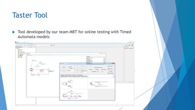 Taster Tool
 Tool developed by our team MBT for online testing with Timed
Automata models
